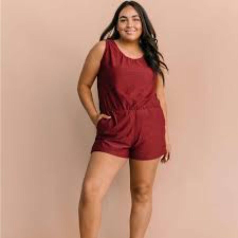 New NWT Honey Mark Sage Romper Swim Pockets XL Sleeveless Terra Cotta Red